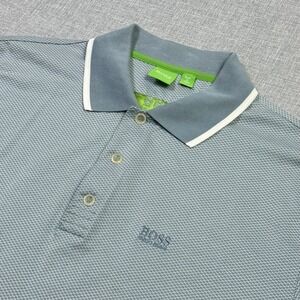 HUGO BOSS Polo Shirt Mens XL Blue Geometric 100% Cotton Knit Collared Logo